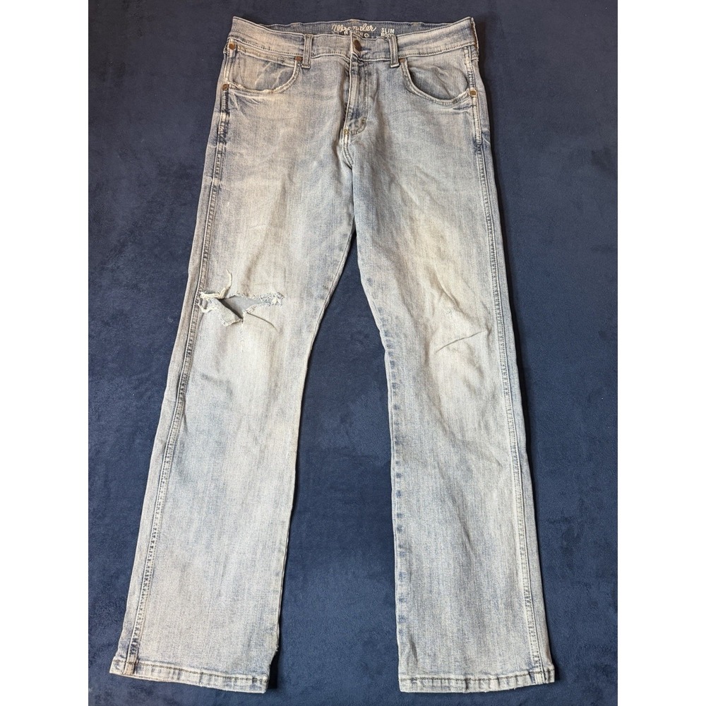 Wrangler Retro Slim Boot Cut Jeans Mens 34x32 Light Blue Stretch Distressed